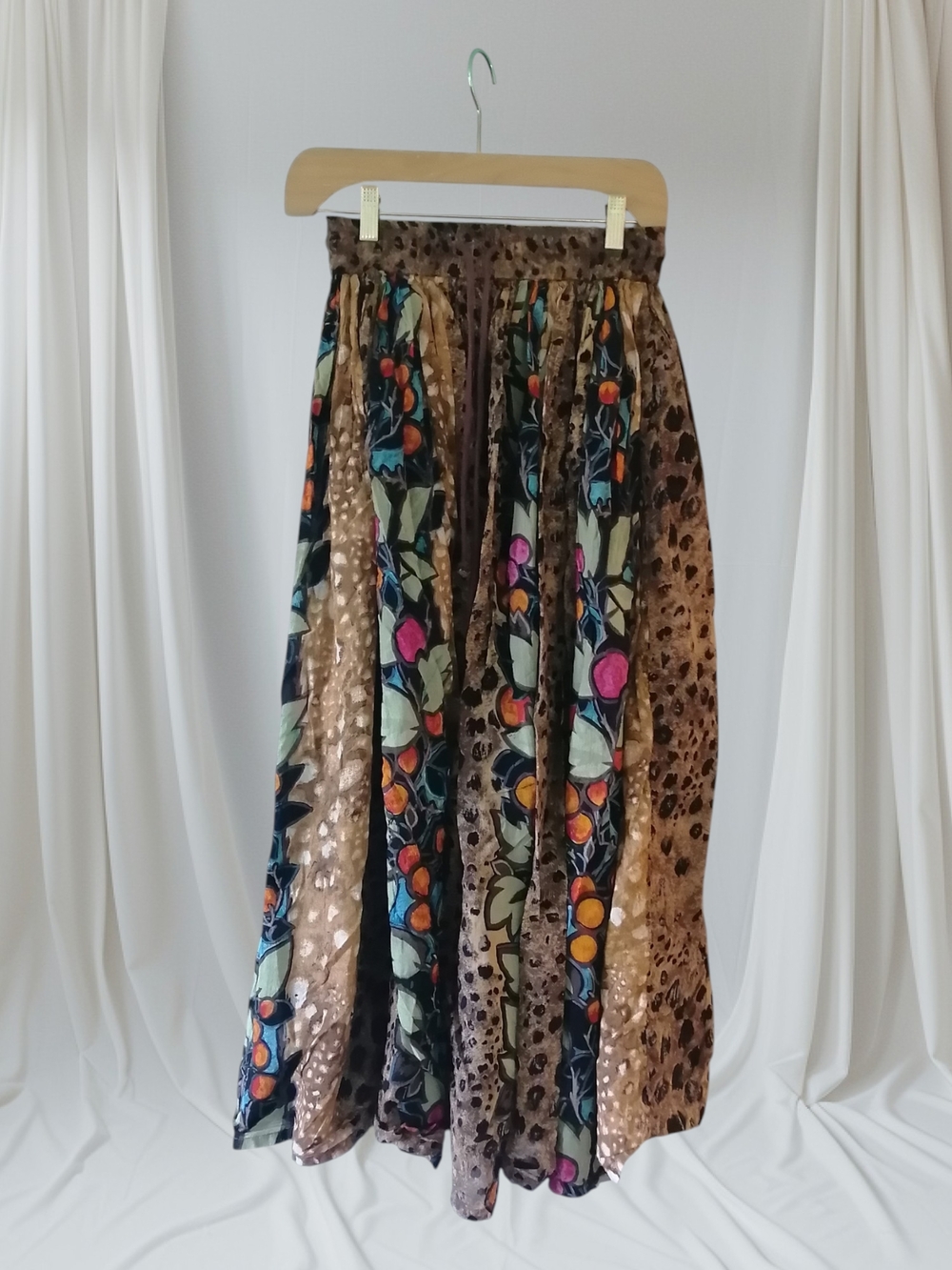 Boho A-Line Maxi Skirt in Brown with Multicolor Floral Panels 100% cotton